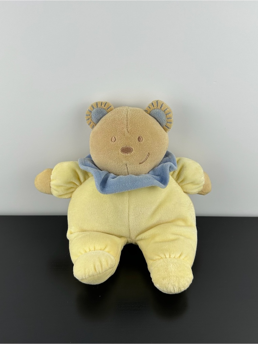 Tex Carrefour France RARE Teddy Bear 8" Yellow Blue Tan Plush Doudou Ours Rattle